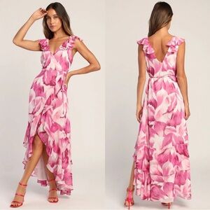 Lulus | Elevate the Occasion Pink Floral Ruffled Wrap High-Low Dress